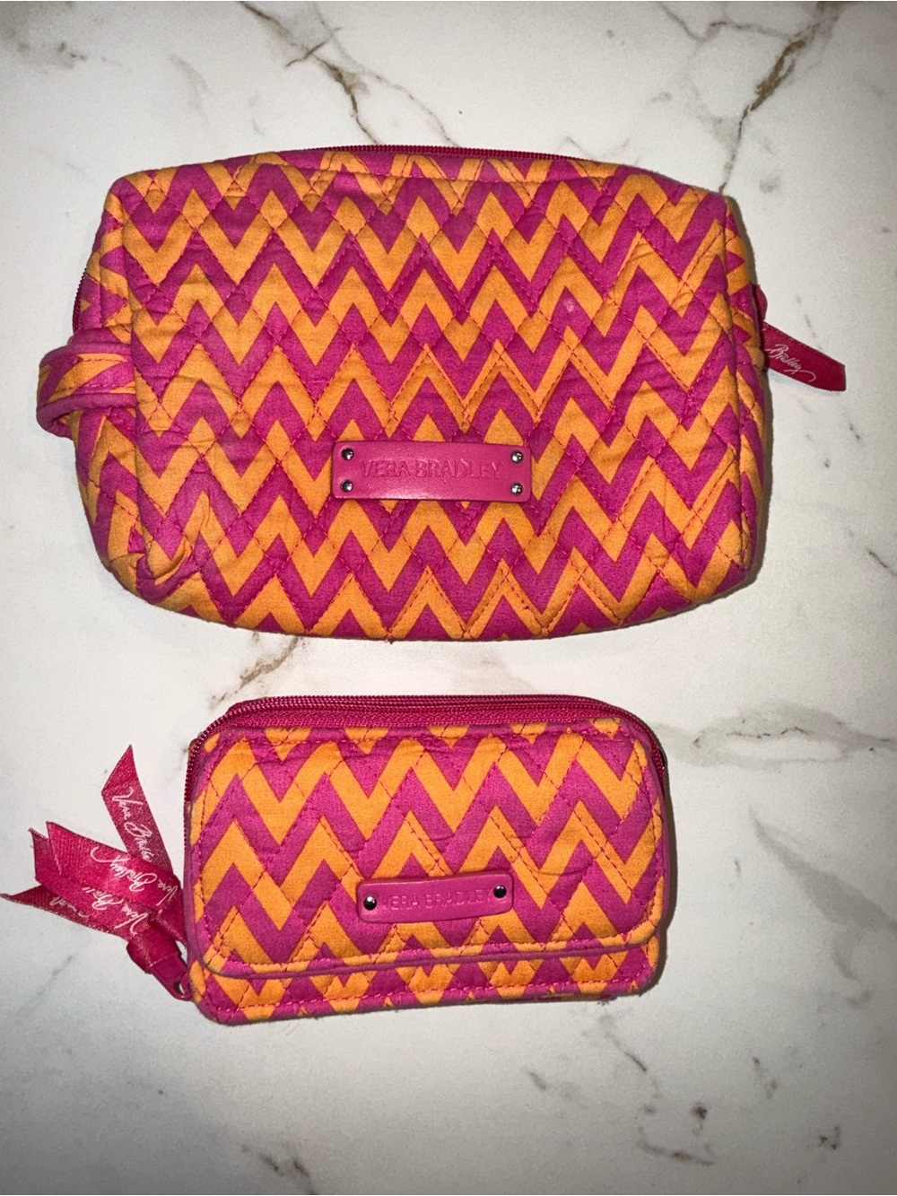 Vera Bradley Pink Orange Chevron Cosmetic Bag + Zip Wallet Set Bundle